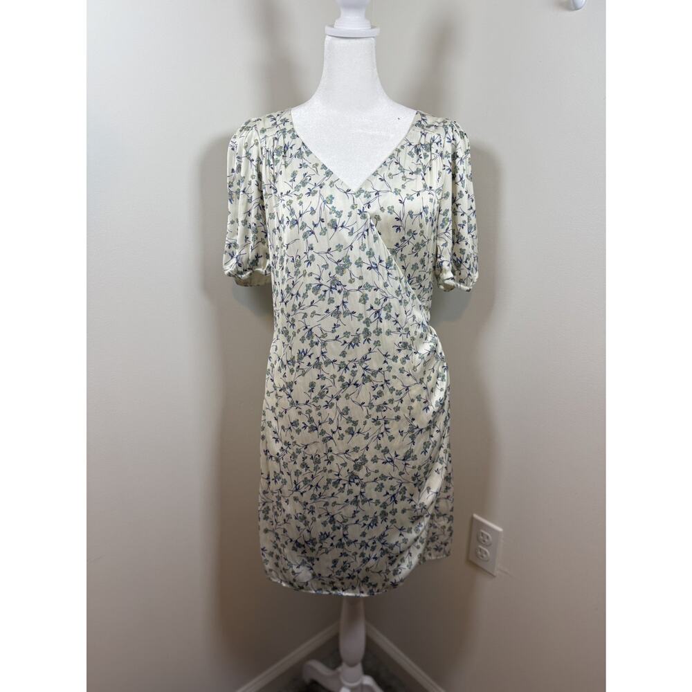 Greylin Gabi White Puff Sleeve Dress White Blue Floral Party Wedding M